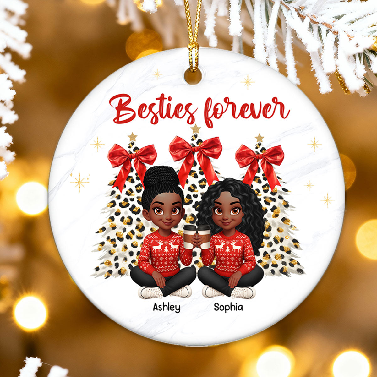 Besties Forever Leopard Coquette Christmas Tree - Personalized Ceramic Ornament