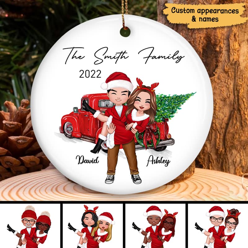 Christmas Truck Man Holding Woman Doll Couple Personalized Circle Ornament