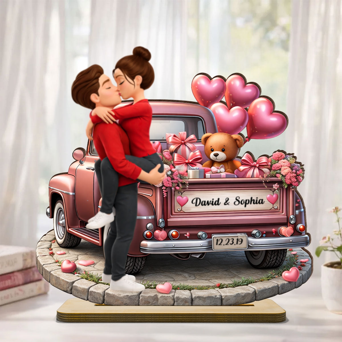 Valentine Truck Couple Kissing - Personalized 2-Layered Wooden Plaque - Anniversary, Valentine's Day Gift, Gift For Him, Gift For Her