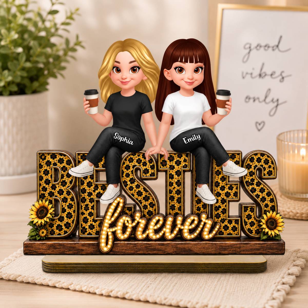 Leopard Style Besties Forever - Personalized 2-Layered Wooden Plaque - Birthday Gift, Gift For Best Friends