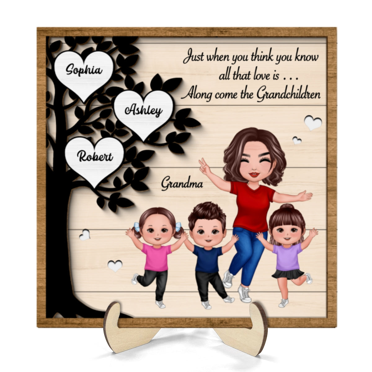 Love Come Along With Grandchildren Heart Tree Happy Grandma Grandkids Personalized 2-Layer Wooden Plaque