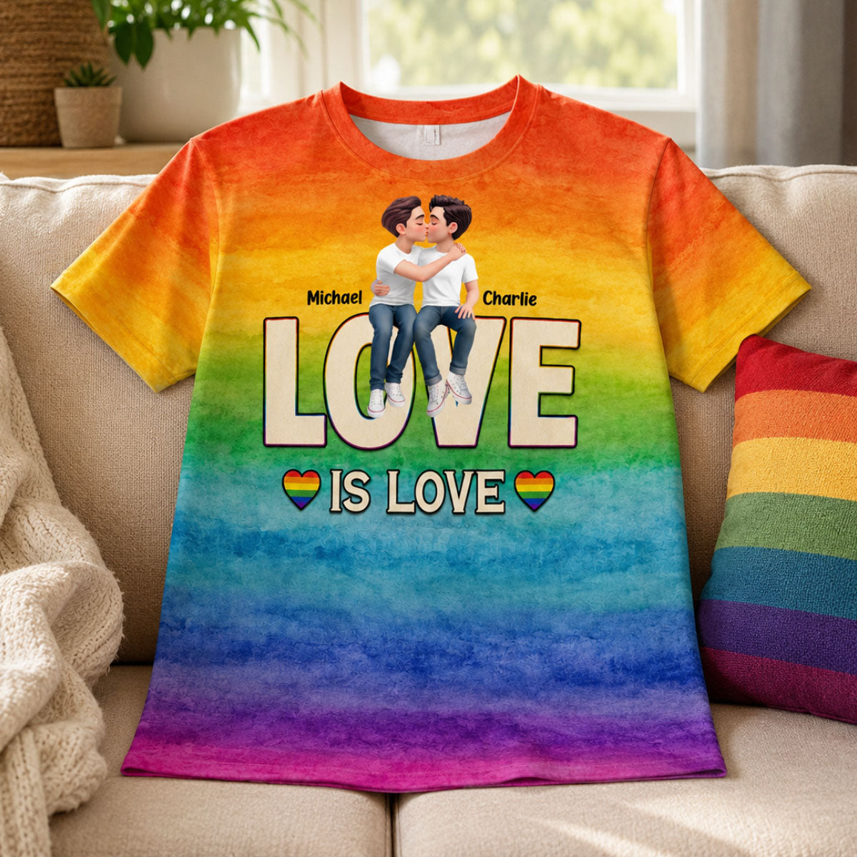 LGBT+ Watercolor Flag Couple Love Is Love - Personalized Shirt - Matching Shirts For Couple, Happy Pride Month