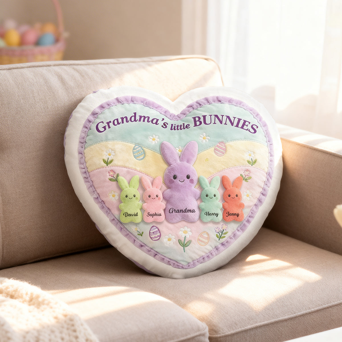 Grandma and Grandkids Bunnies - Personalized Faux Fur Pillow - Easter Decor Gift for Grandma, Mom