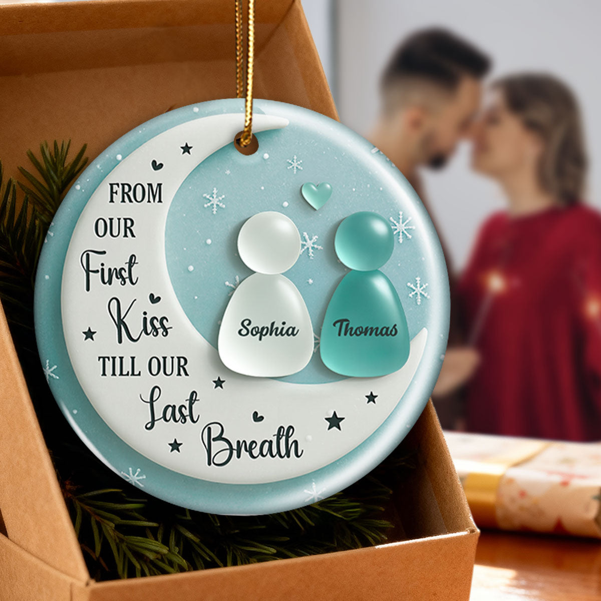 3D Sea Glass Effect Couple On Moon - Personalized Ceramic Ornament With Acrylic Pieces