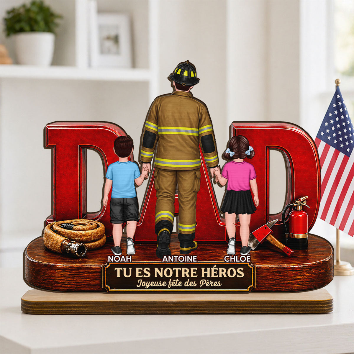 Papa pompier fier - Plaque en bois personnalisée à 2 couches - Cadeau de fête des Pères pour papa, mari