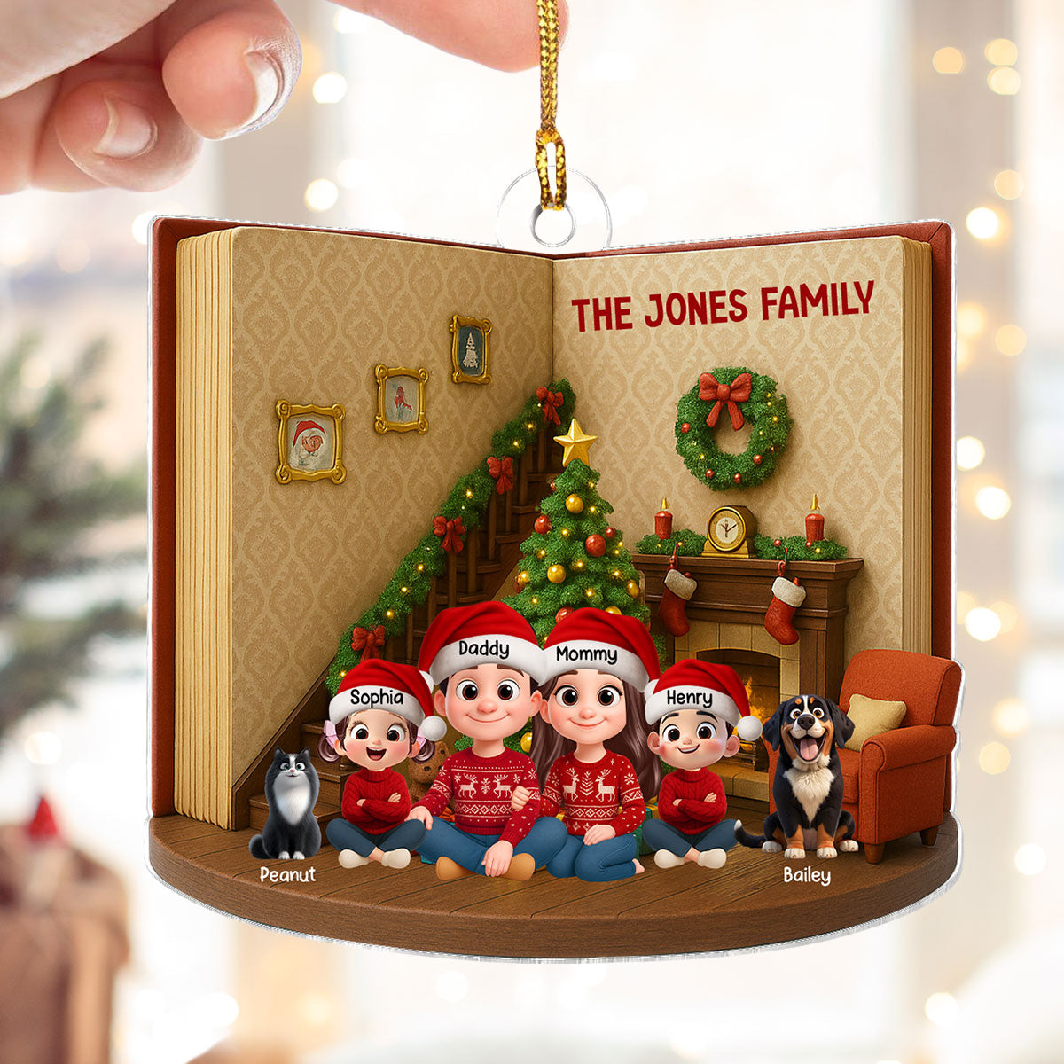 3D Book House Cozy Vibe Family Sitting Together - Personalzied Acrylic Ornament - Christmas Gift for Family