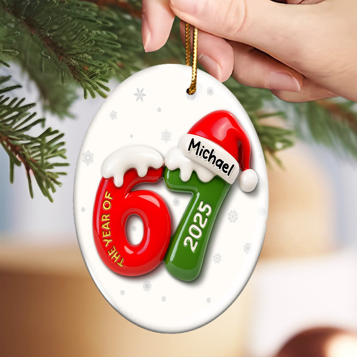 Custom Name 67 Six Seven 3D Effect - Personalized Ceramic Ornament - 2025 Slang, Funny Teen Grandkid, Gen Alpha Christmas Gift