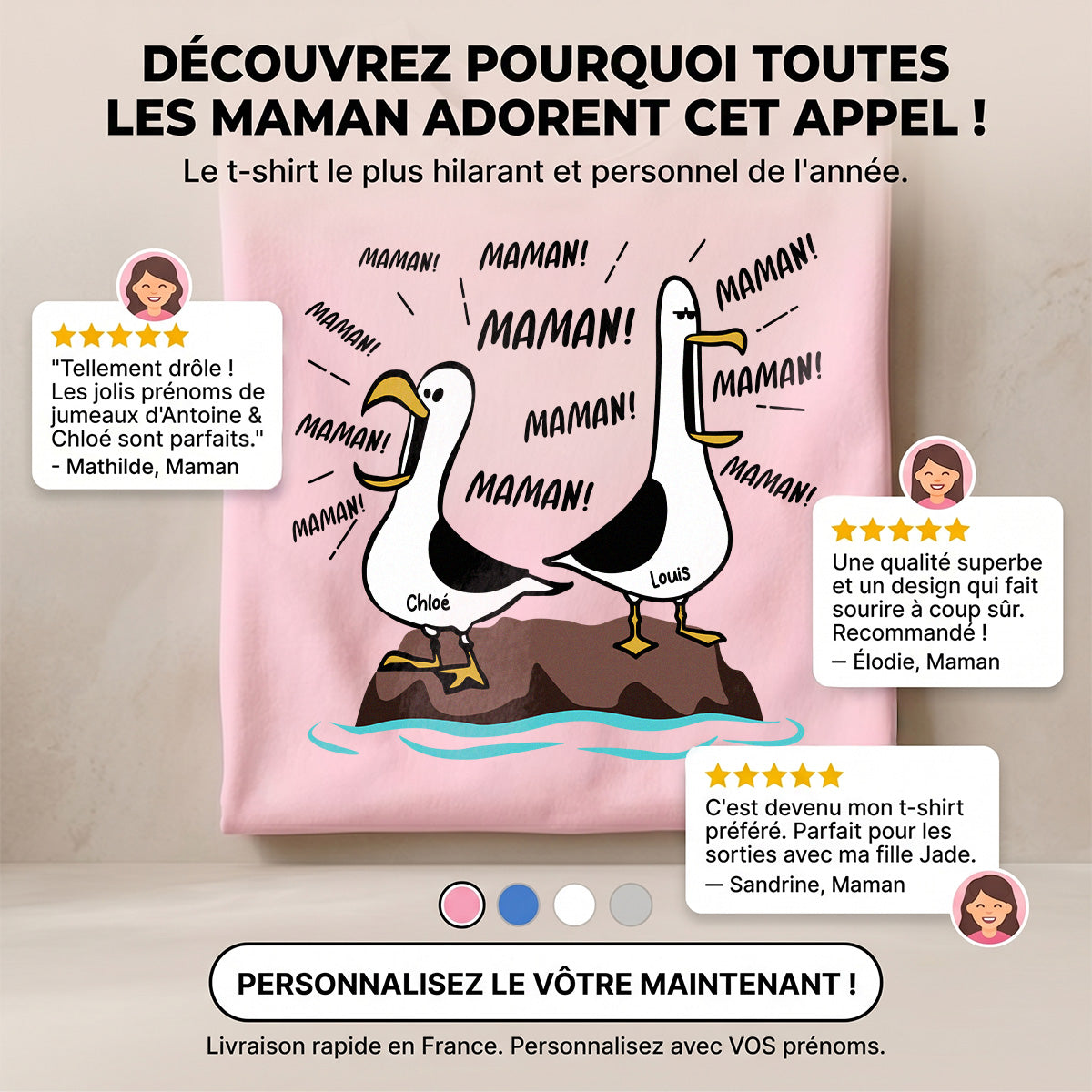 Mouettes Maman! Maman! Maman! – T-shirt Personnalisé – Cadeau Rigolo pour la Fête des Mères