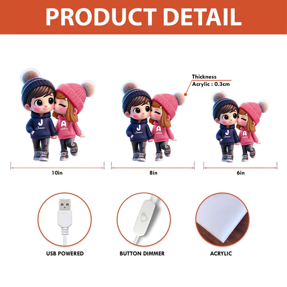 3D Effect Cute Cartoon Couple Walking - Personalized Light Box - Gift for Him, Gift for Her