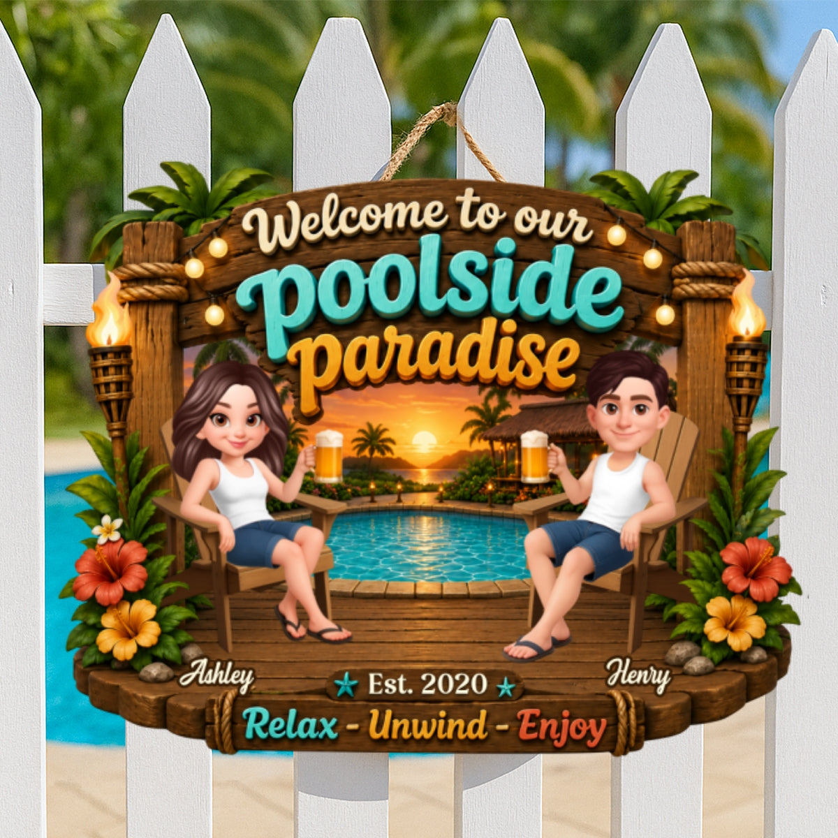 Welcome To Our Poolside Paradise Summer - Personalized Wood Sign - Gift For Couple, Summer Decoration