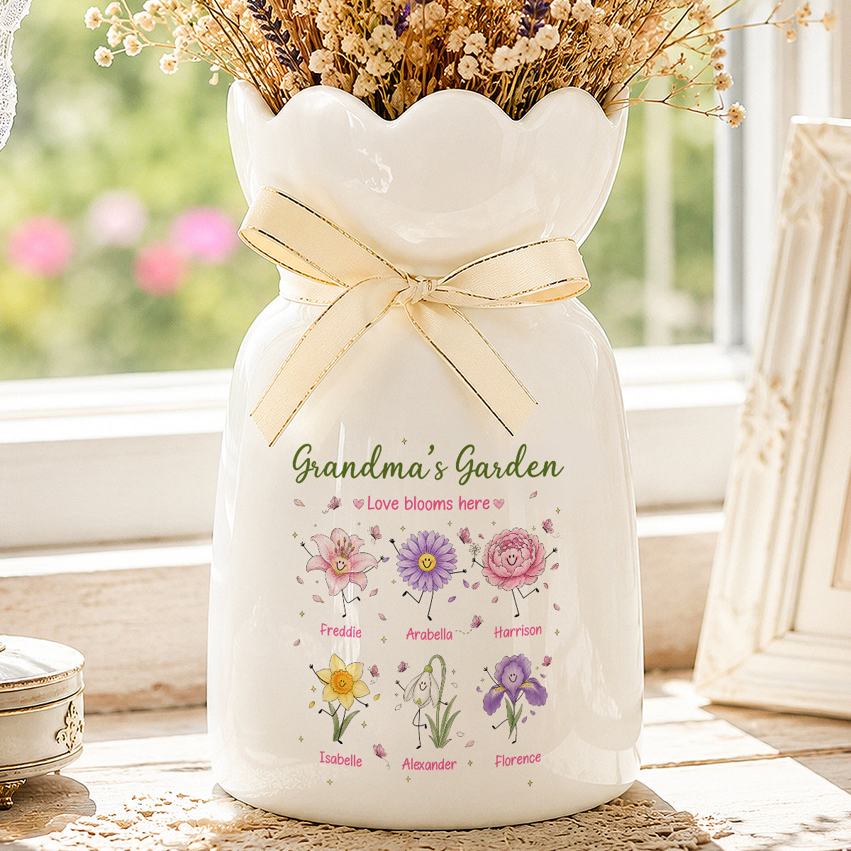 Grandma's Garden Cute Doodle Birth Month Flowers - Personalized Ceramic Flower Vase - Gift For Grandma, Mom