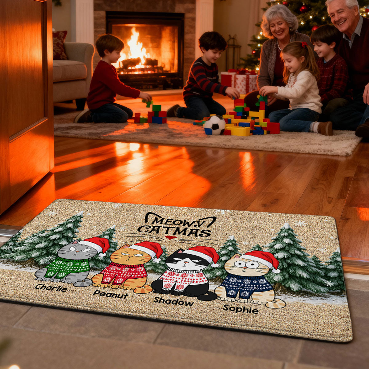 Christmas Funny Cute Cats Meowy Catmas - Personalized Doormat - Christmas Gift For Cat Lovers