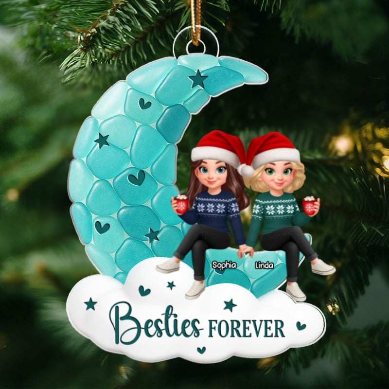 Sea Glass Effect Besties On Moon - Personalized Acrylic Ornament - Christmas Gift For Best Friends