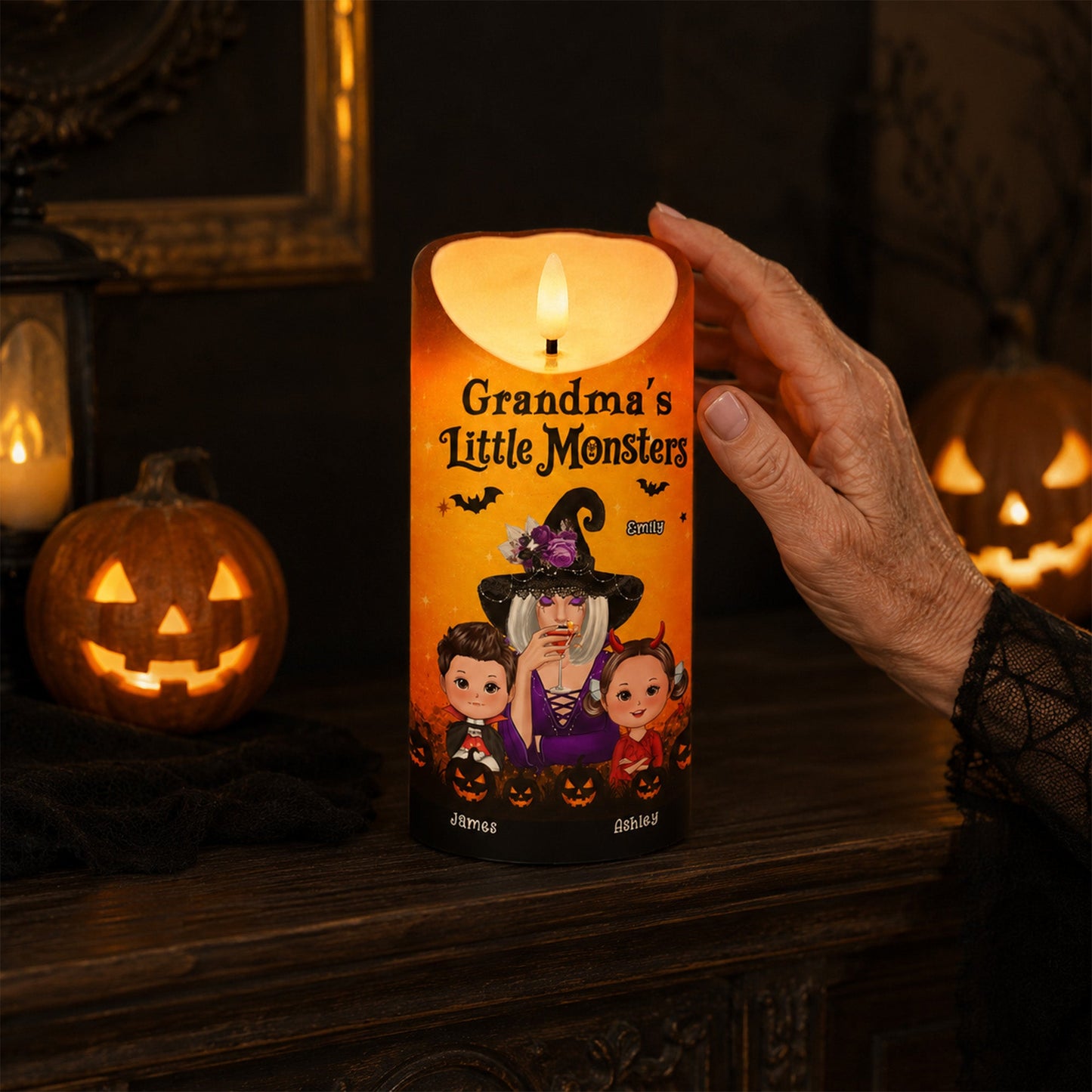 Grandma's Boo Crew Grandma Witch & Kids - Personalized LED Candle - Perfect Halloween Decor for Grandma