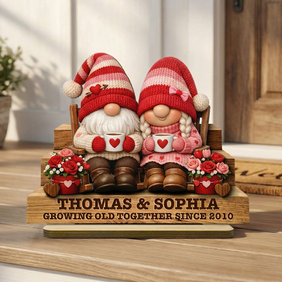 Everlasting Love Valentine Gnome Couple - Personalized 2-Layered Wooden Plaque - Valentine's Day Gift For Couple
