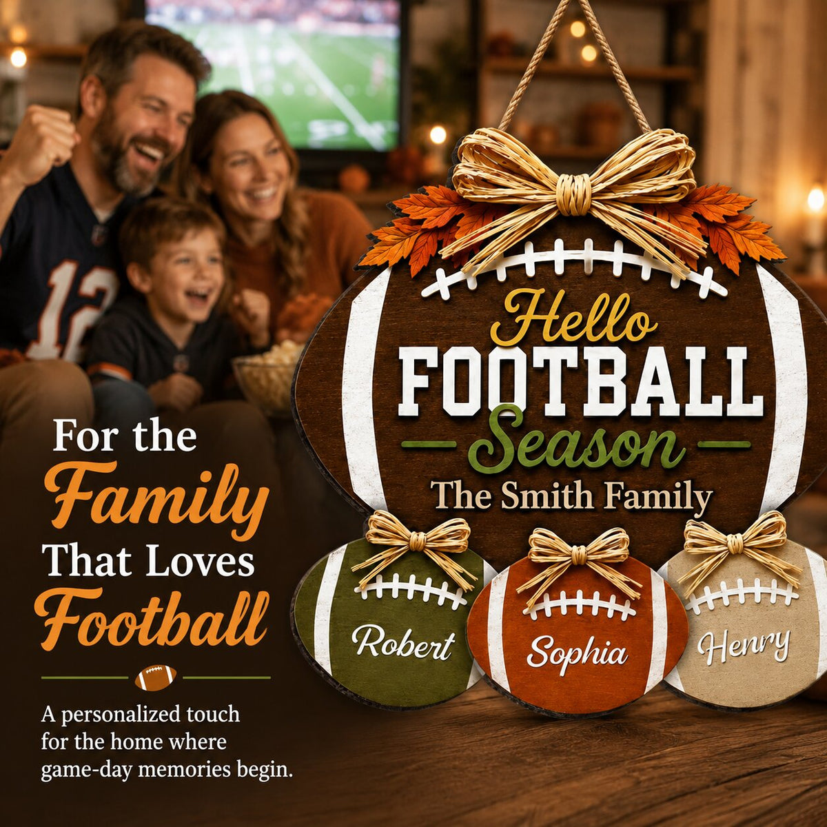 Family Hello Football Season - Personalized Wood Sign - Football Season Decor For Family