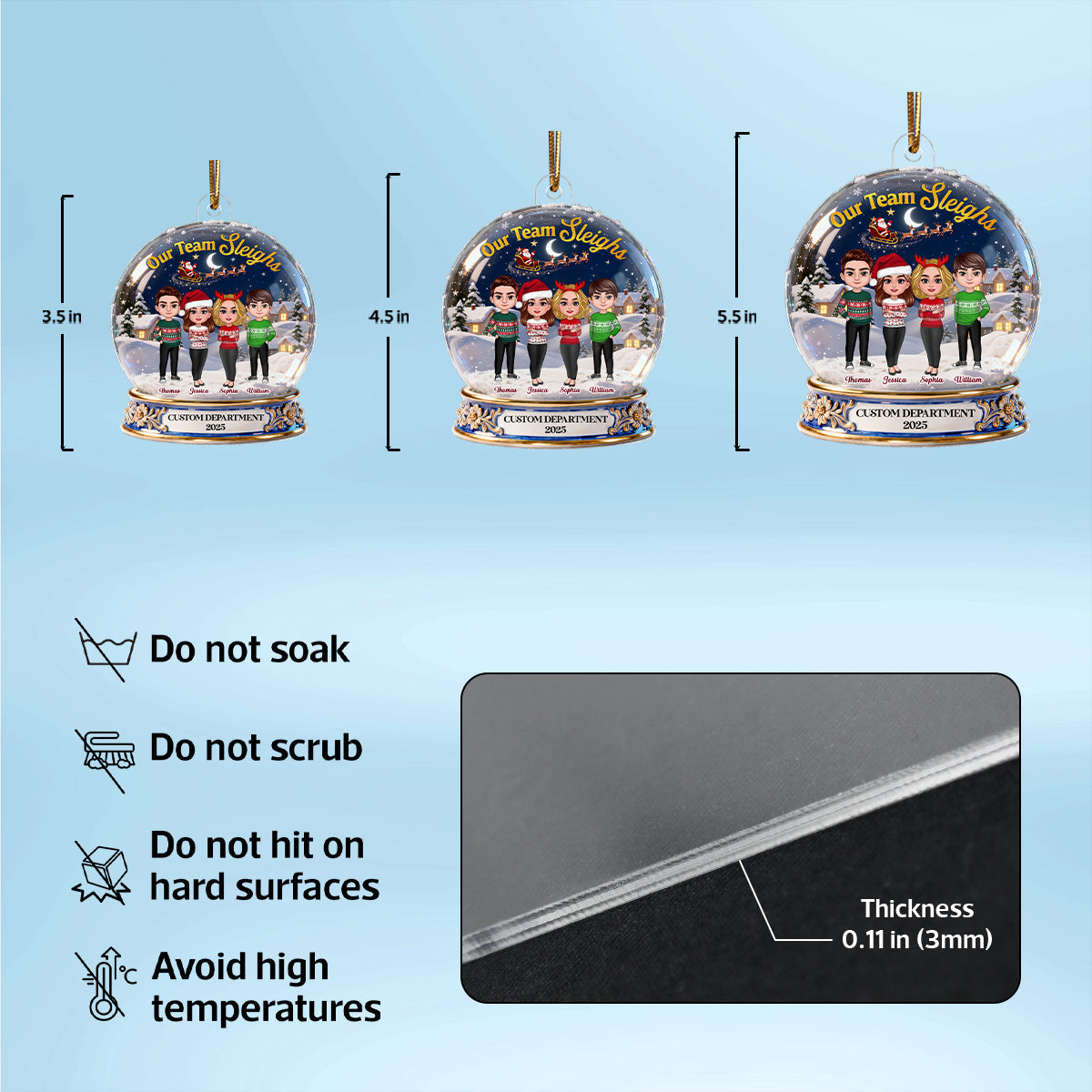 3D Effect Flat Snow Globe Our Team Sleighs Best Team Ever - Personalized Acrylic Ornament, Company Christmas Gift For Staff, For Employees