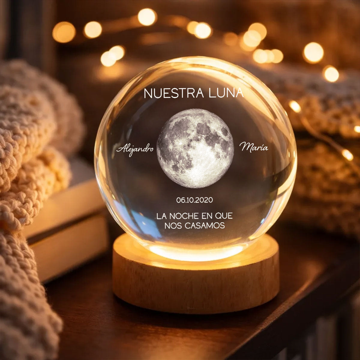 Nuestra Luna – Fase Lunar Personalizada por Fecha – Bola de Cristal con Luz Nocturna – Regalo de Aniversario