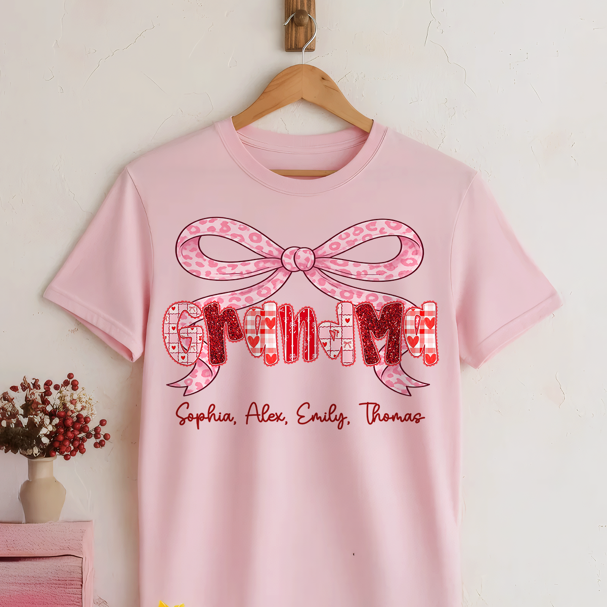 Preppy Valentine Pattern Grandma Mom Nana With Kids Name - Personalized Shirt - Valentine's Day Gift For Grandma