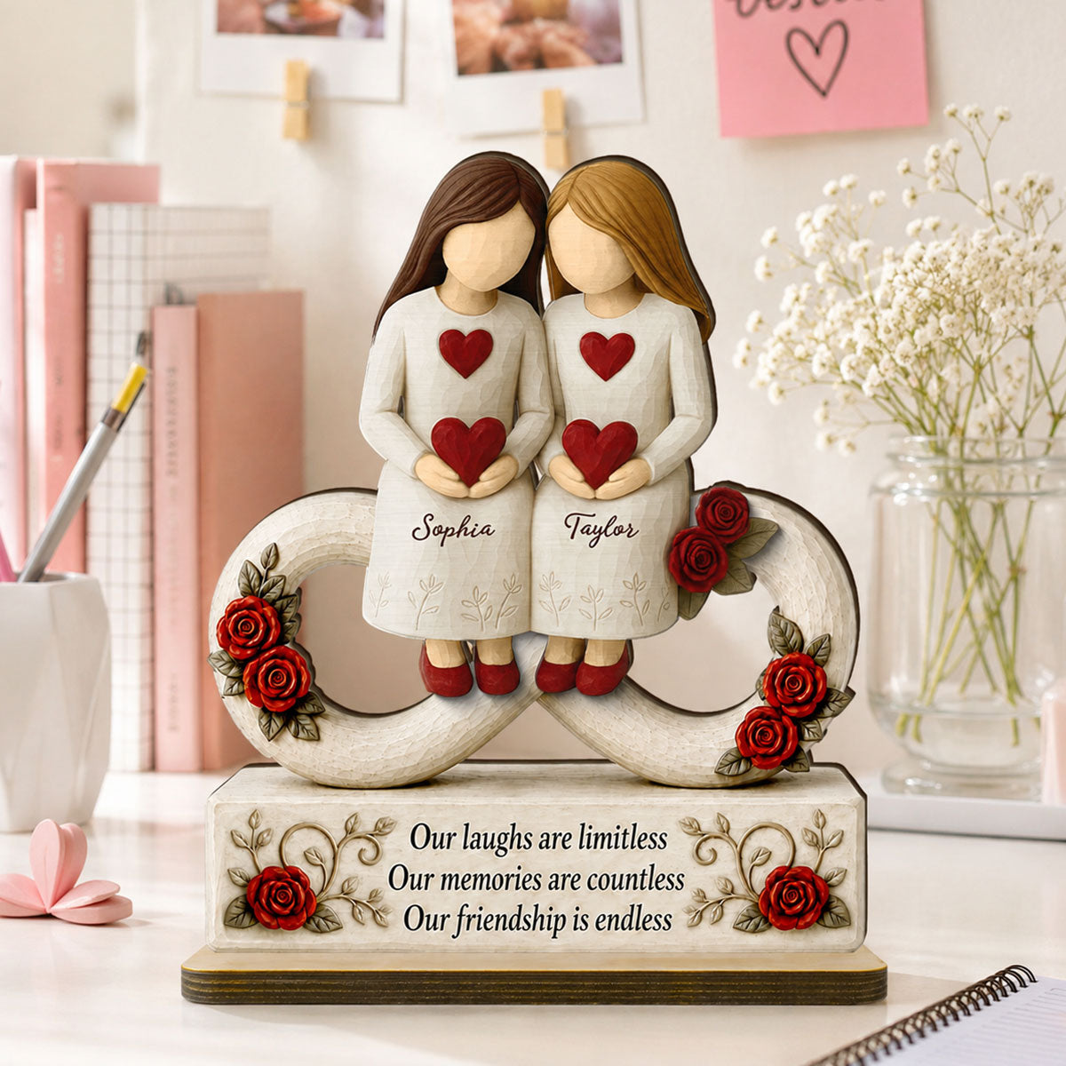 Roses Besties Infinity Our Friendship Is Endless - Personalized 2-Layered Wooden Plaque - Birthday Gift, Gift For Best Friends