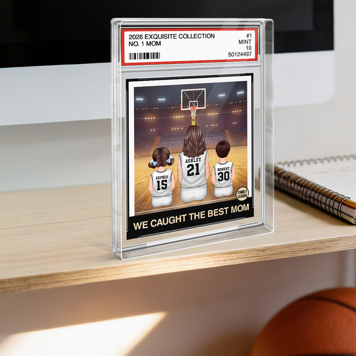 Basketball Mommy's Dream Team No. 1 Mom & Kids Sitting Trading Card Style - Personalized Acrylic Block Plaque