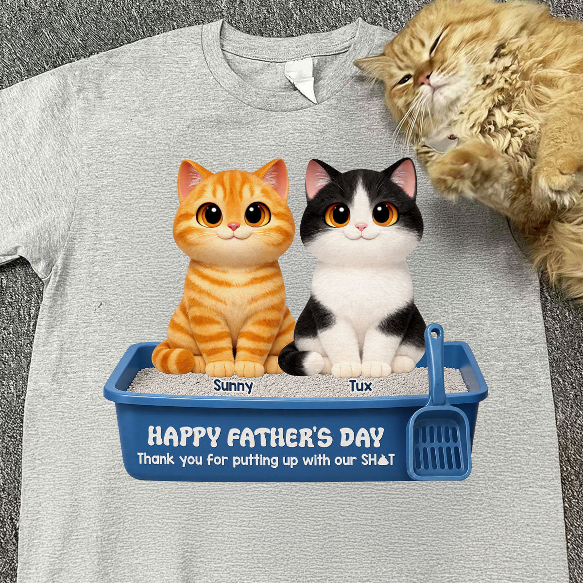 Cute Fluffy Cats Happy Father's Day Thanks For Feeding And Scooping Poo - Personalized Shirt - Funny Father's Day Gift For Cat Dad, Cat Lovers