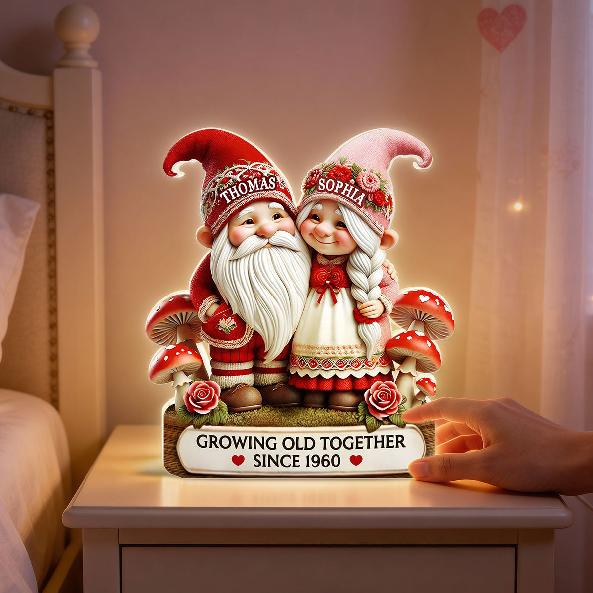 3D Effect Gnome Couple Growing Old Together - Personalized Light Box - Heartfelt Valentine's Day Gift, Anniversary Gift For Couple, For Him, For Her