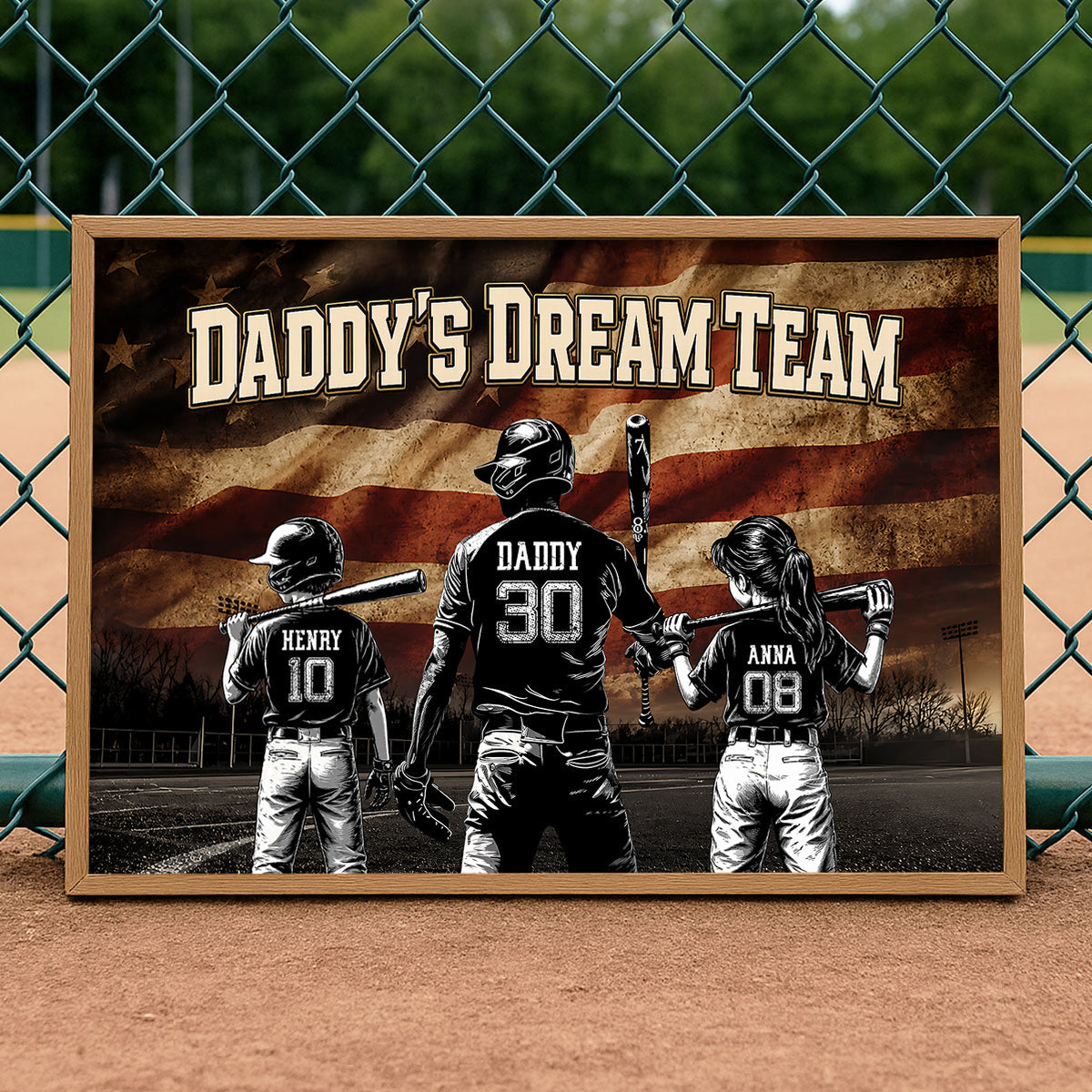 Daddy's Dream Team Baseball Nation Flag - Personalized Poster - Father's Day Gift for Dad, Husband