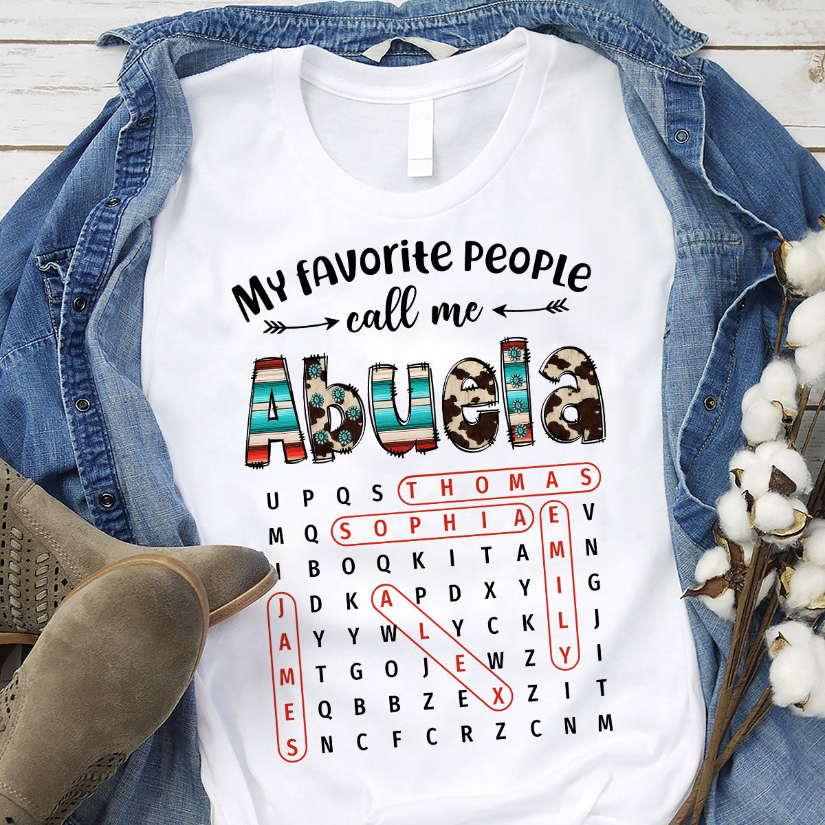 My Favorite People Call Me Grandma Western Cowhide Pattern Word Search Puzzle - Personalized Shirt - Gift For Grandma Mom