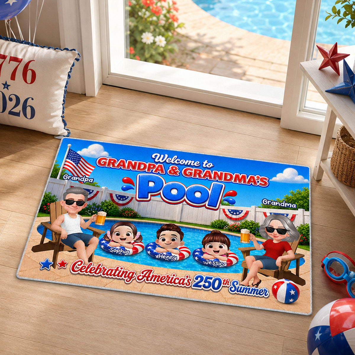 Welcome To Grandma Grandpa Pool America 250th Anniversary - Personalized Doormat - Gift For Grandparents, Summer Decoration