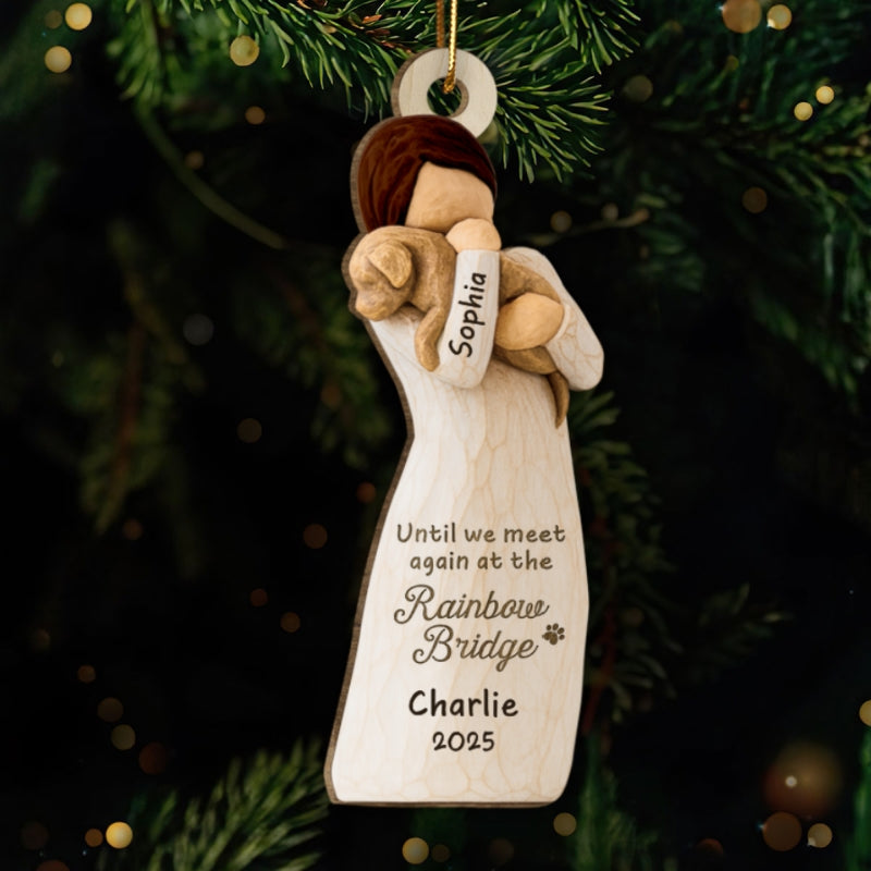 Until We Meet At Rainbow Bridge Woman & Dog 3D Effect - Personalized Wooden Ornament - Memorial Keepsake