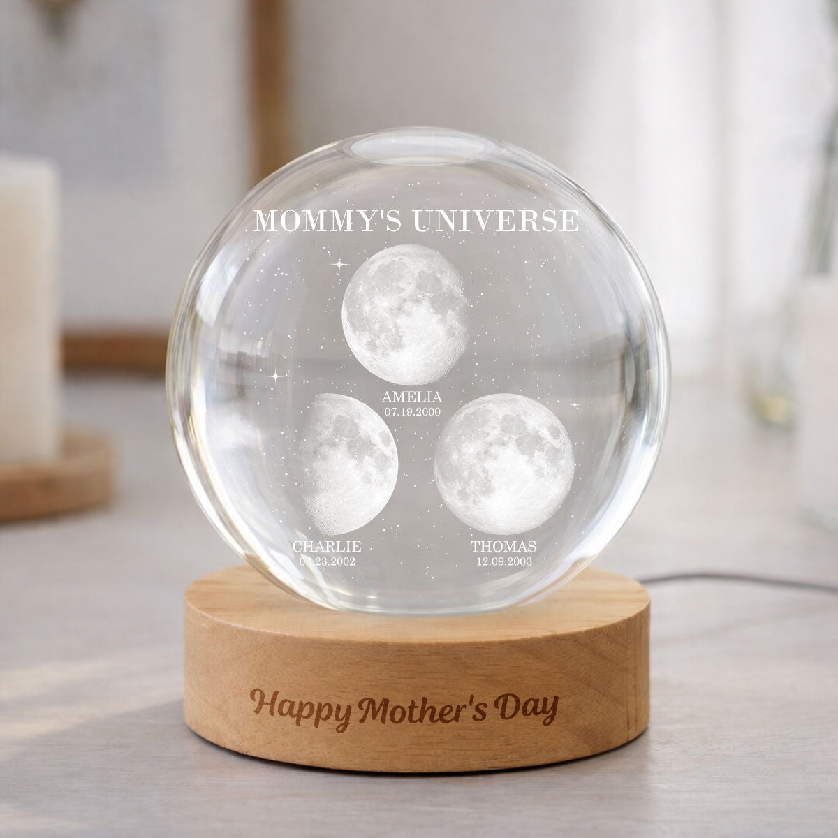 Mommy's Universe, Custom Moon Phase by Date - Personalized Crystal Ball LED Night Light - Mother's Day Gift for Mom, Wife