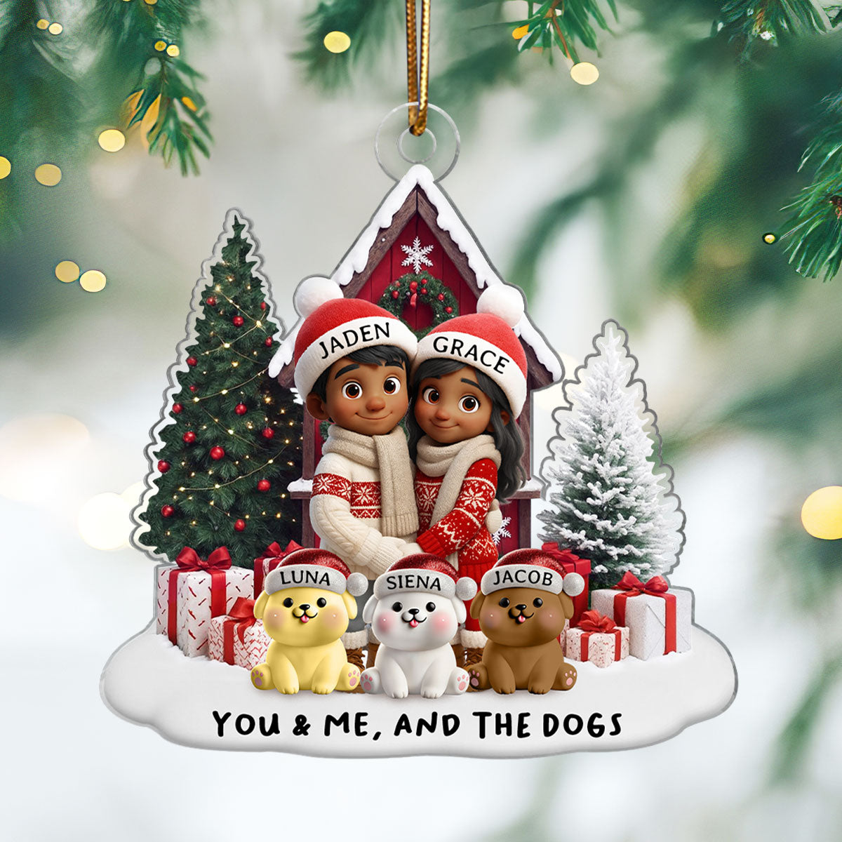 Couple & Dogs Cats Farm House - Personalized Acrylic Ornament - Christmas Gift for him, Gift for her, Gift for Pet Lovers