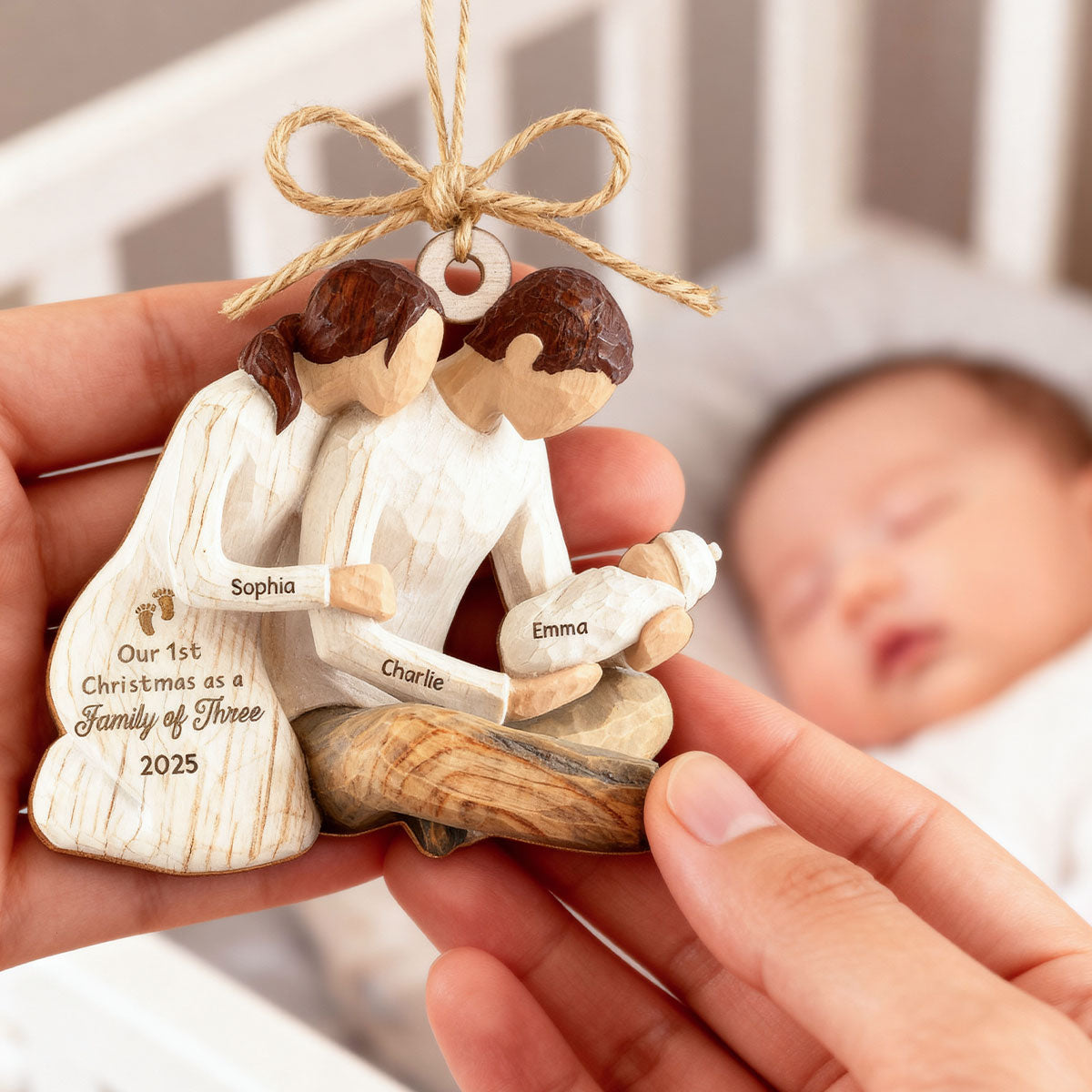First Christmas As Family Of Three Mom Dad Holding Baby 2D Flat Printed - Personalized Wooden Ornament