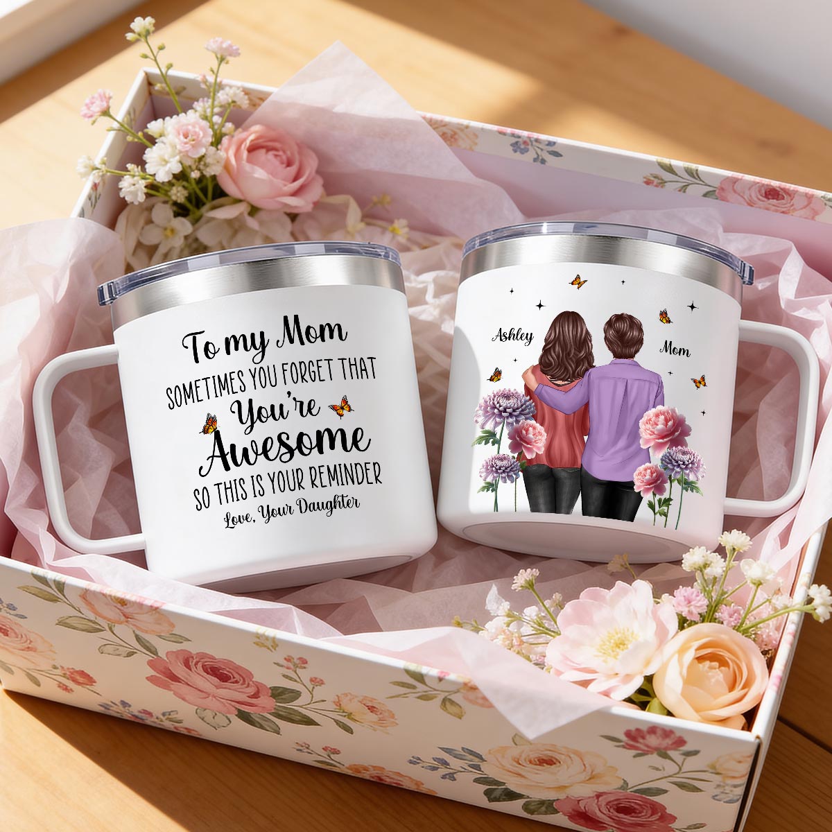 To My Mom You're Awesome Birth Flower - Personalized Stainless Steel Tumbler With Handle - Mother's Day Gift For Mom From Daughter