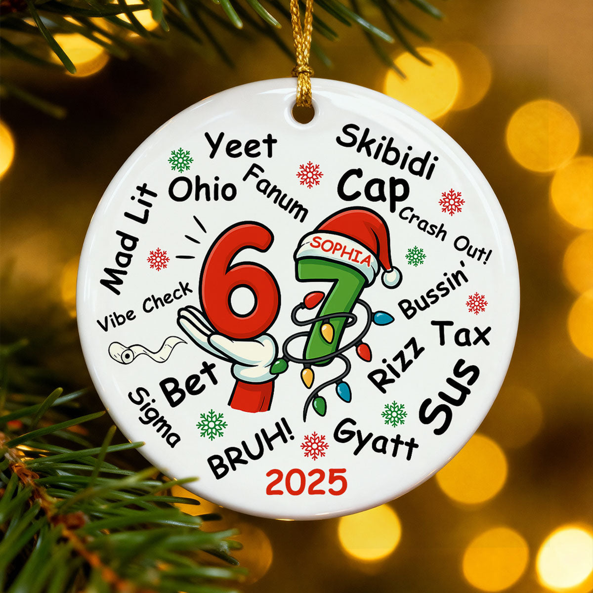 Custom Six Seven 67 Gen Z Funny Slang Teen Keepsake - Personalized Ceramic Ornament - Christmas Gift for Daughter, Son, Grandkids