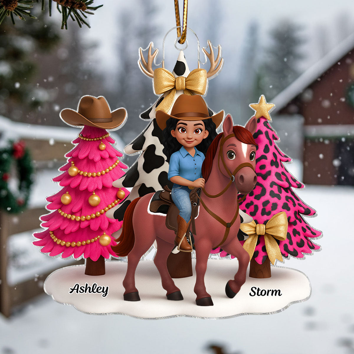 3D Effect Western Pink Christmas Tree Cowgirl And Horse - Personalized Acrylic Ornament