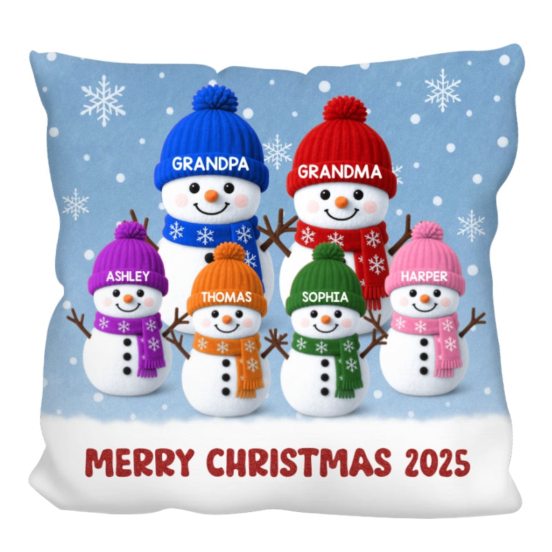 3D Effect Velvet Texture Christmas Grandma Grandkids Snowman Together - Personalized Pillow