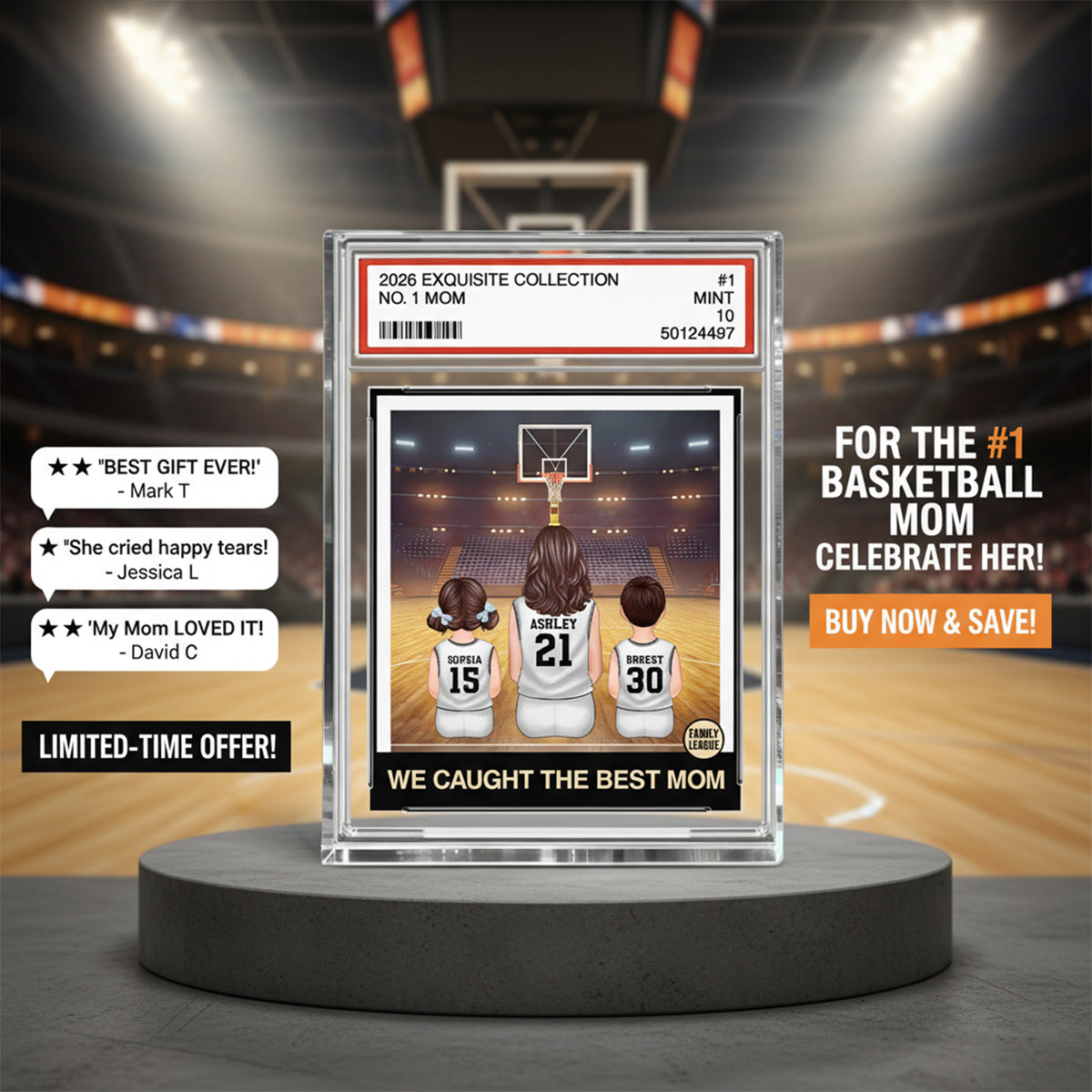 Basketball Mommy's Dream Team No. 1 Mom & Kids Sitting Trading Card Style - Personalized Acrylic Block Plaque