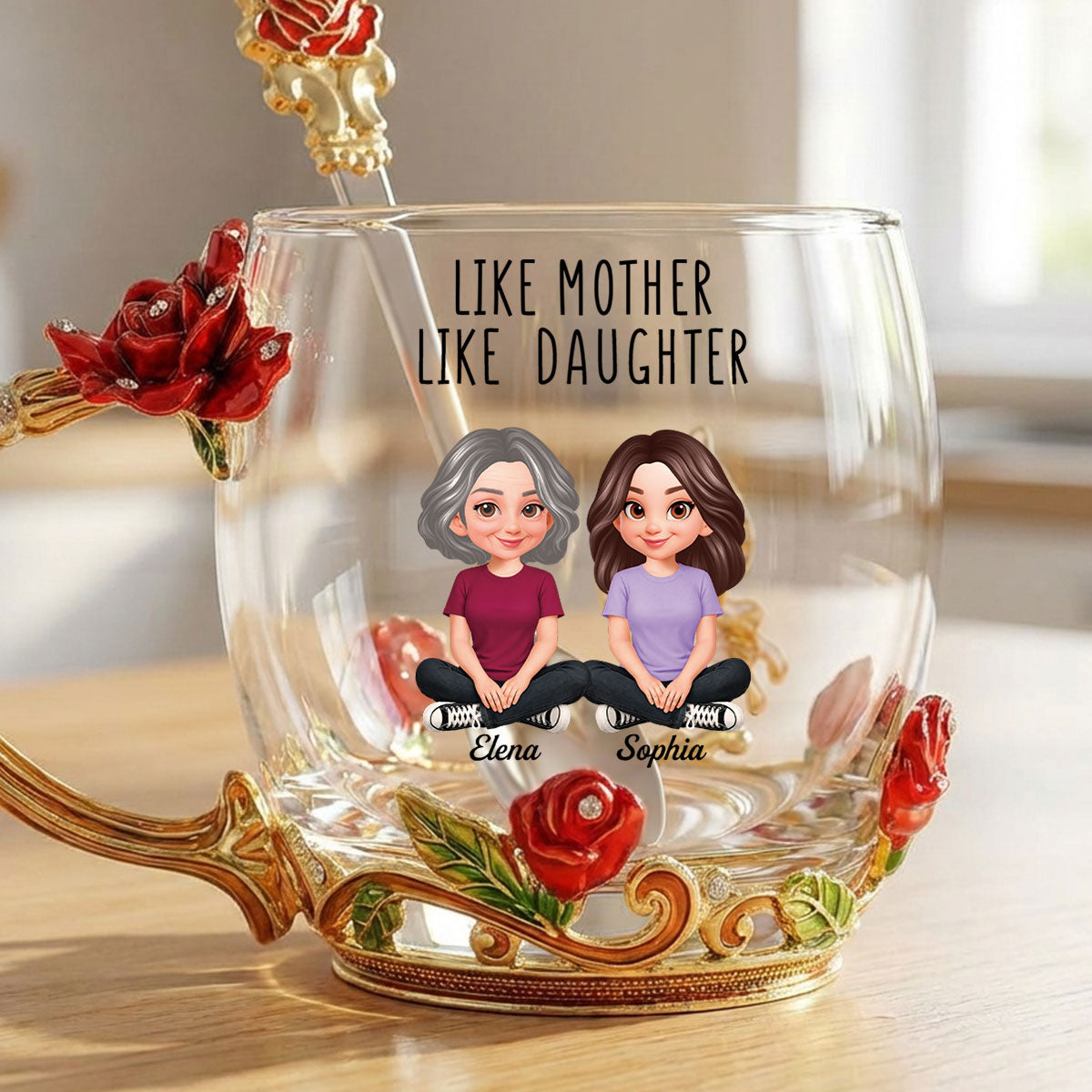 Like Mother Like Daughter Son - Personalized Enamel Flower Tea Cup - Gift For Mom