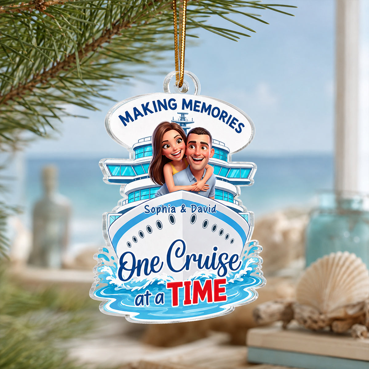 Custom Couple Photo One Cruise At A Time - Personalized Acrylic Ornament - Cruise Ship Keepsake, Cruise Ship Vacation Gifts