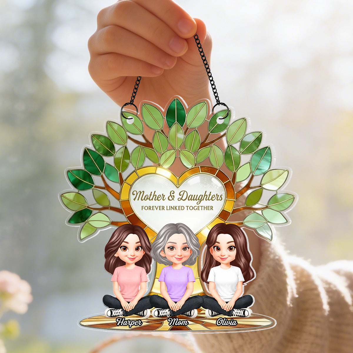 Mom And Son Daughter Under Green Family Tree Of Life - Personalized Suncatcher Ornament - Gift For Mom