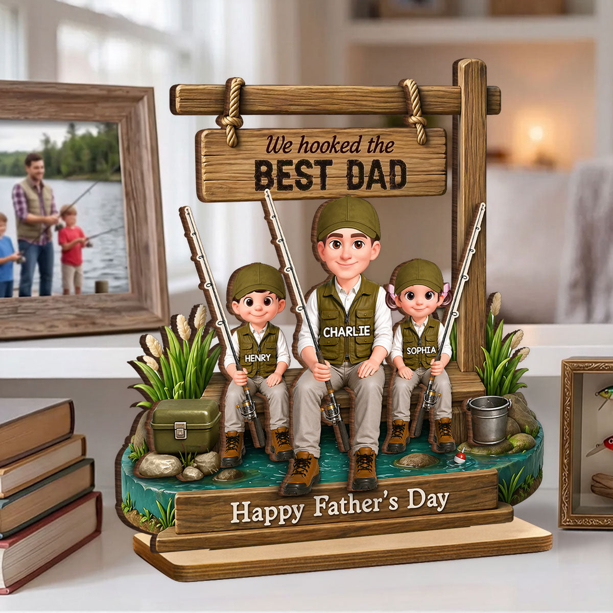 Best Moments Are Spent Together Fishing Dad Kids - Personalized 2-Layered Wooden Plaque - Heartfelt Gift For Fishing Dad, Gift For Husband
