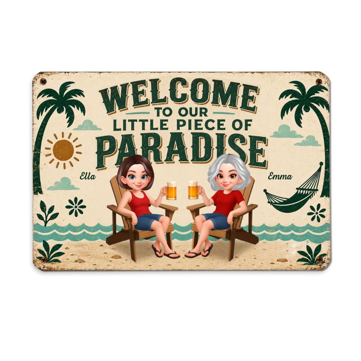 Couple Welcome To Our Little Piece Of Paradise - Personalized Metal Sign - Summer Pool Patio Decoration