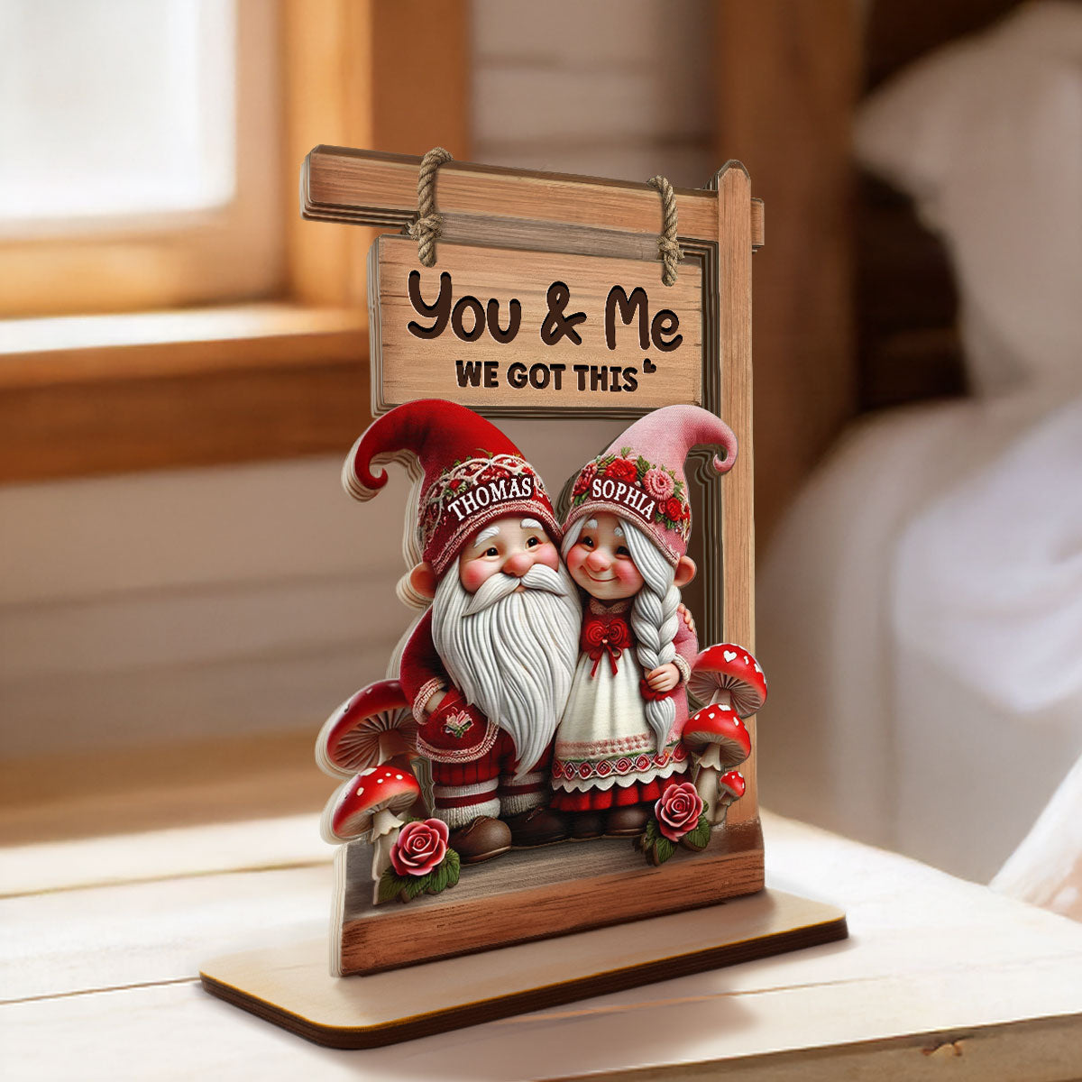 3D Effect Valentine Theme Gnome Couple Standing - Personalized 2-Layer Wooden Plaque - Gift For Him, Gift For Her