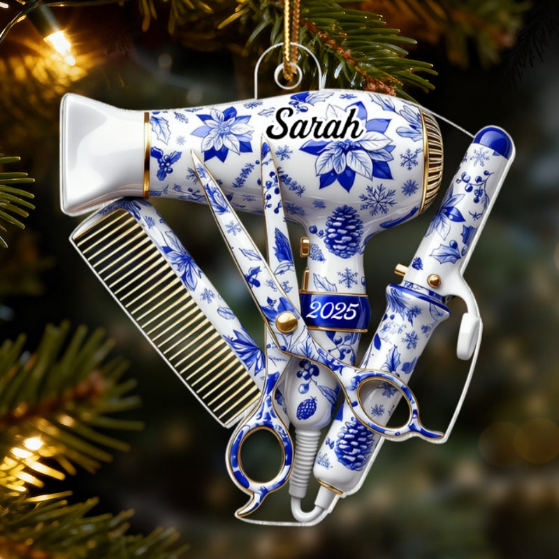 3D Effect Christmas Toile De Jouy Pattern Hairdresser Things - Personalized Acrylic Ornament - Gift For Hairdressers