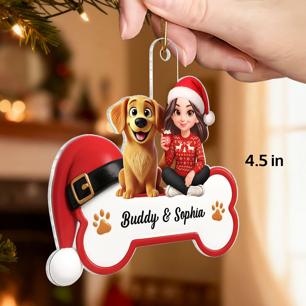 3D Effect Christmas Dog Bone Girl And Dog - Personalized Acrylic Ornament - Gift For Dog Lovers
