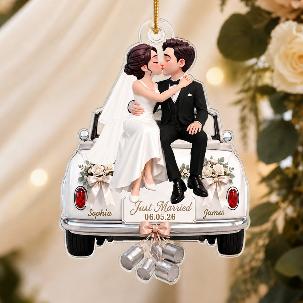 Groom Bride Sitting On Wedding Car 2D Flat - Personalized Acrylic Ornament - Wedding Keepsake