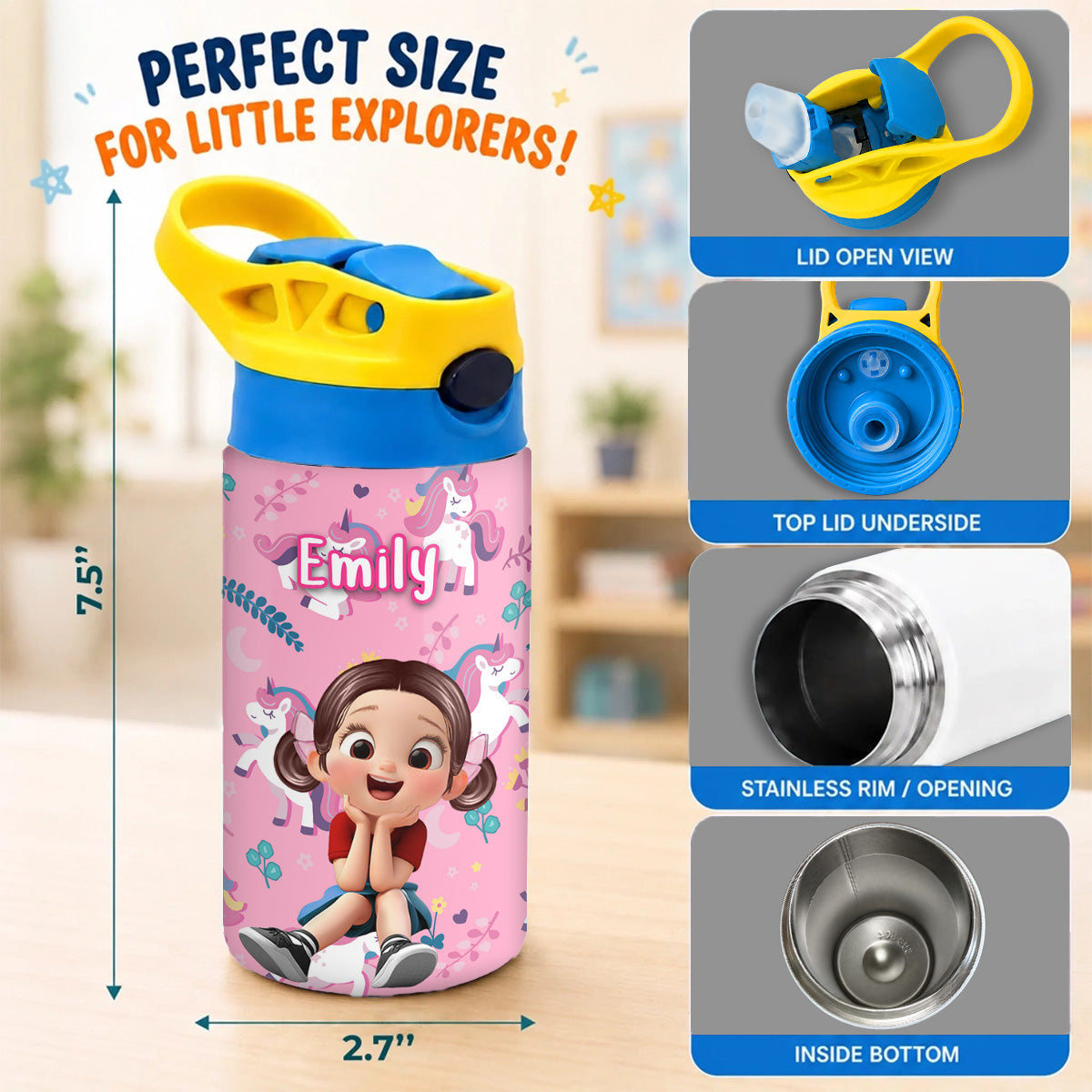 Multiple Kid Favorite Pattern - Personalized Kid Insulated Water Bottle - Stainless Steel Toddler Cups with Straws, BPA Free, Leak-Proof