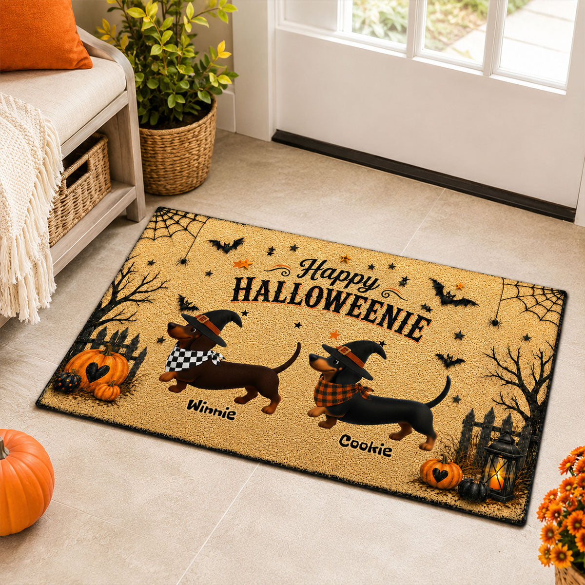 Halloween Dachshund Happy Halloweenie - Personalized Doormat - Halloween Decorations For Dachshund Lovers